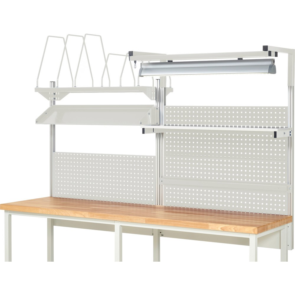 Immagine del prodotto n. 2: Struttura banco da lavoro RAU, AxLxP 1.380 x 2.500 x 2.500 mm, con 1 ripiano, 1 guida di supporto, 1 piano di appoggio in metallo inclinabile, 1 supporto per schermo piatto e 1 luce, set completo 06 per larghezza prodotto 2.500 mm