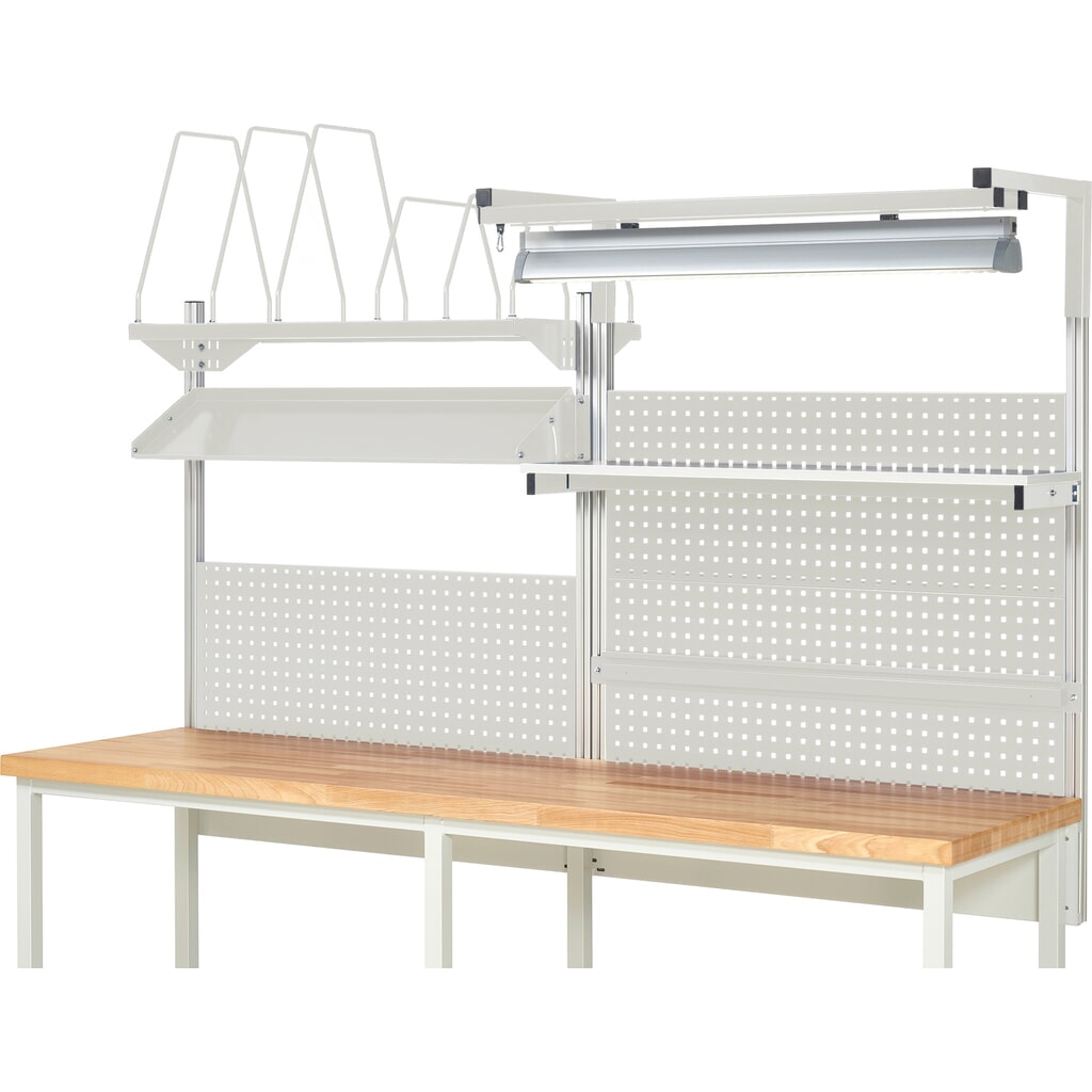 Immagine del prodotto n. 2: Struttura banco da lavoro RAU, AxLxP 1.380 x 2.500 x 2.500 mm, con 1 ripiano, 1 guida di supporto, 1 piano di appoggio in metallo inclinabile, 1 supporto per schermo piatto e 1 luce, set completo 06 per larghezza prodotto 2.500 mm