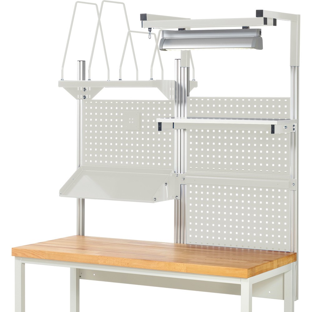 Immagine del prodotto n. 2: Struttura banco da lavoro RAU, AxLxP 1.380 x 1.500 x 1.500 mm, con 1 ripiano, 1 guida di supporto, 1 piano di appoggio in metallo inclinabile, 1 supporto per schermo piatto e 1 luce, set completo 06 per larghezza prodotto 1.500 mm