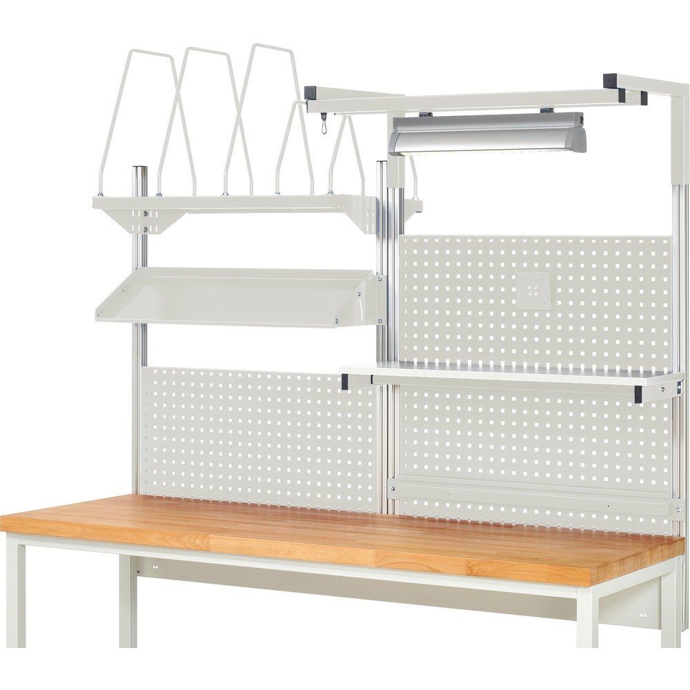Immagine del prodotto n. 2: Struttura banco da lavoro RAU, AxLxP 1.380 x 2.000 x 2.000 mm, con 1 ripiano, 1 guida di supporto, 1 piano di appoggio in metallo inclinabile, 1 supporto per schermo piatto e 1 luce, set completo 06 per larghezza prodotto 2.000 mm