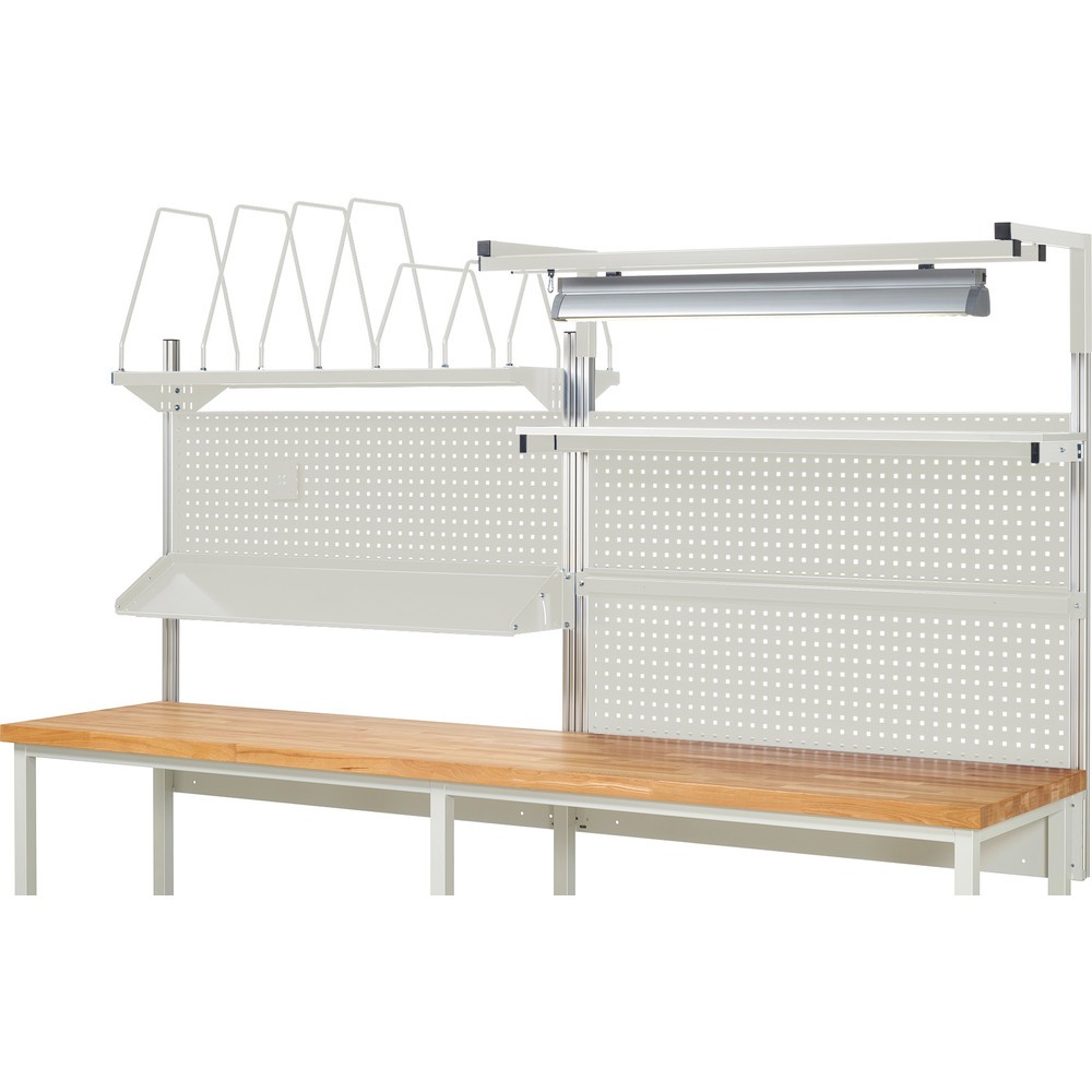 Immagine del prodotto n. 2: Struttura banco da lavoro RAU, AxLxP 1.380 x 3.000 x 3.000 mm, con 1 ripiano, 1 guida di supporto, 1 piano di appoggio in metallo inclinabile, 1 supporto per schermo piatto e 1 luce, set completo 06 per larghezza prodotto 3.000 mm