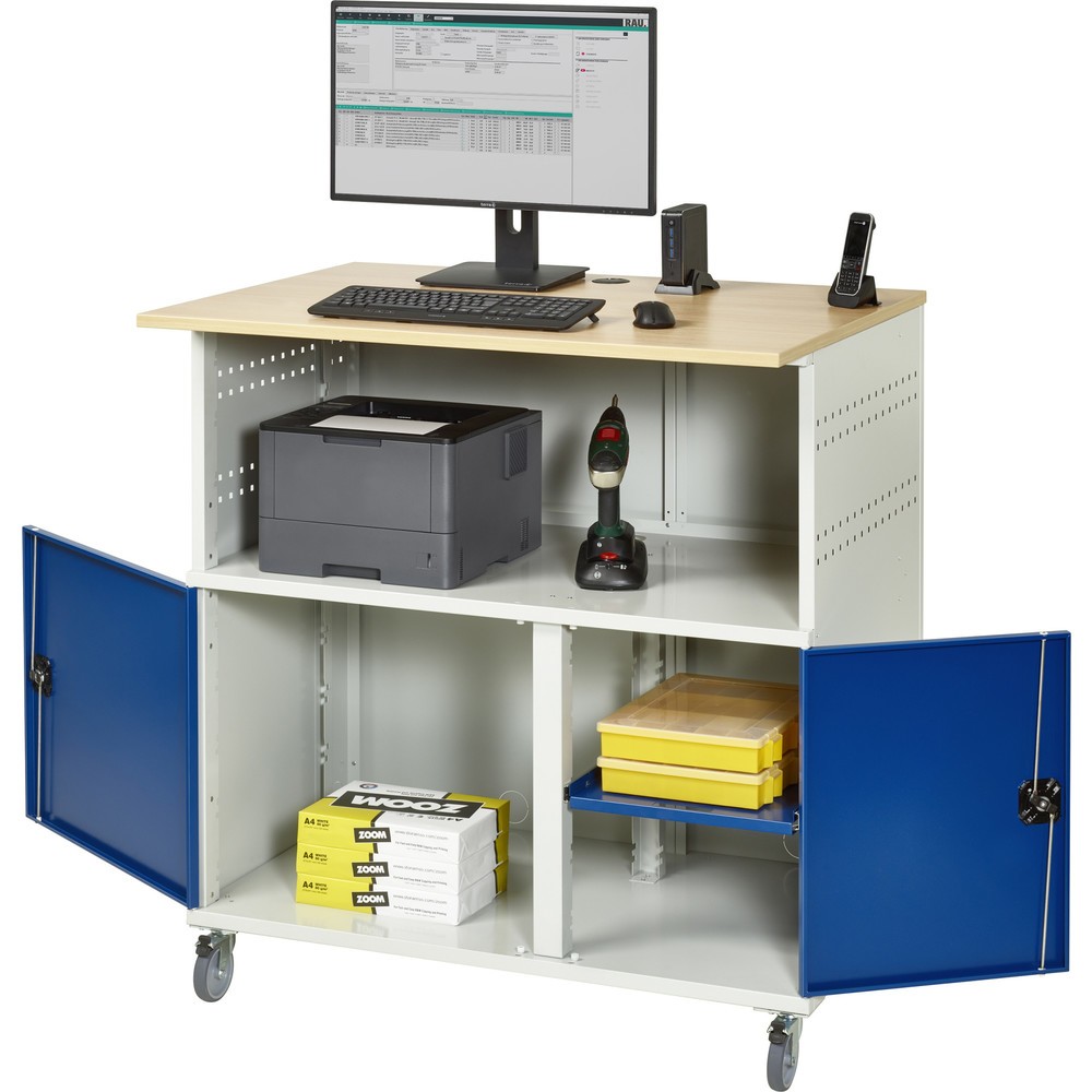 Immagine del prodotto n. 1: RAU Tavolo per computer, HxLxP 1.150 x 1.100 x 800 mm, piano di lavoro in faggio decorato, con 2 ante battenti e ciabatta a presa multipla