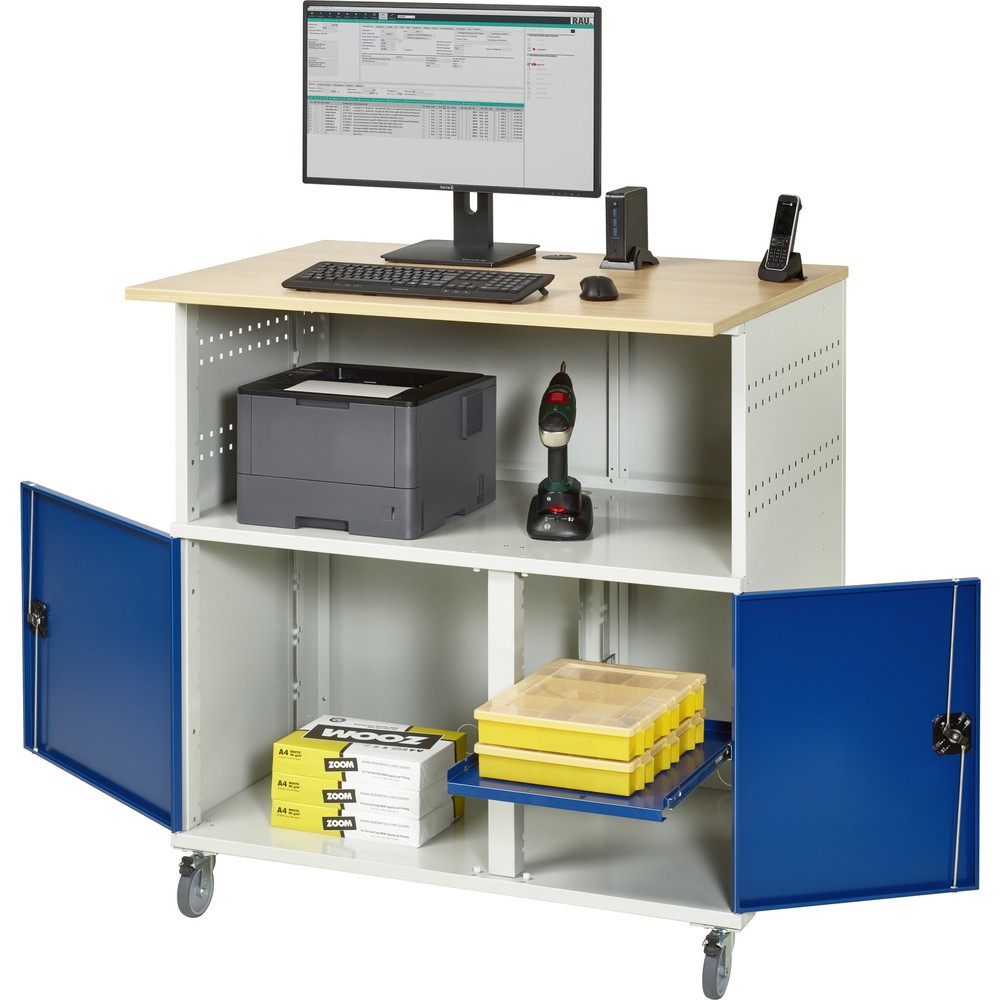 Immagine del prodotto n. 4: RAU Tavolo per computer, HxLxP 1.150 x 1.100 x 800 mm, piano di lavoro in faggio decorato, con 2 ante battenti e ciabatta a presa multipla