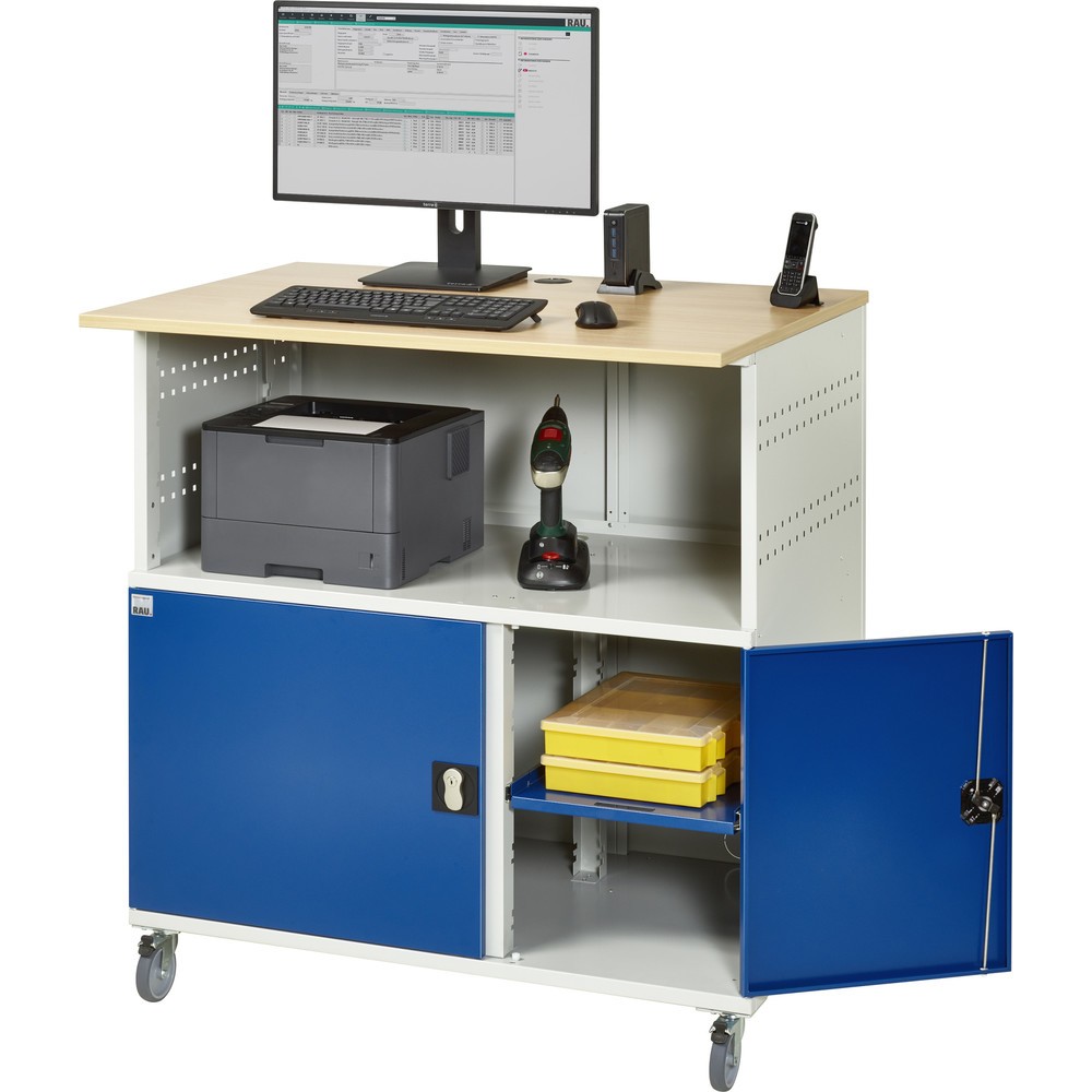 Immagine del prodotto n. 5: RAU Tavolo per computer, HxLxP 1.150 x 1.100 x 800 mm, piano di lavoro in faggio decorato, con 2 ante battenti e ciabatta a presa multipla