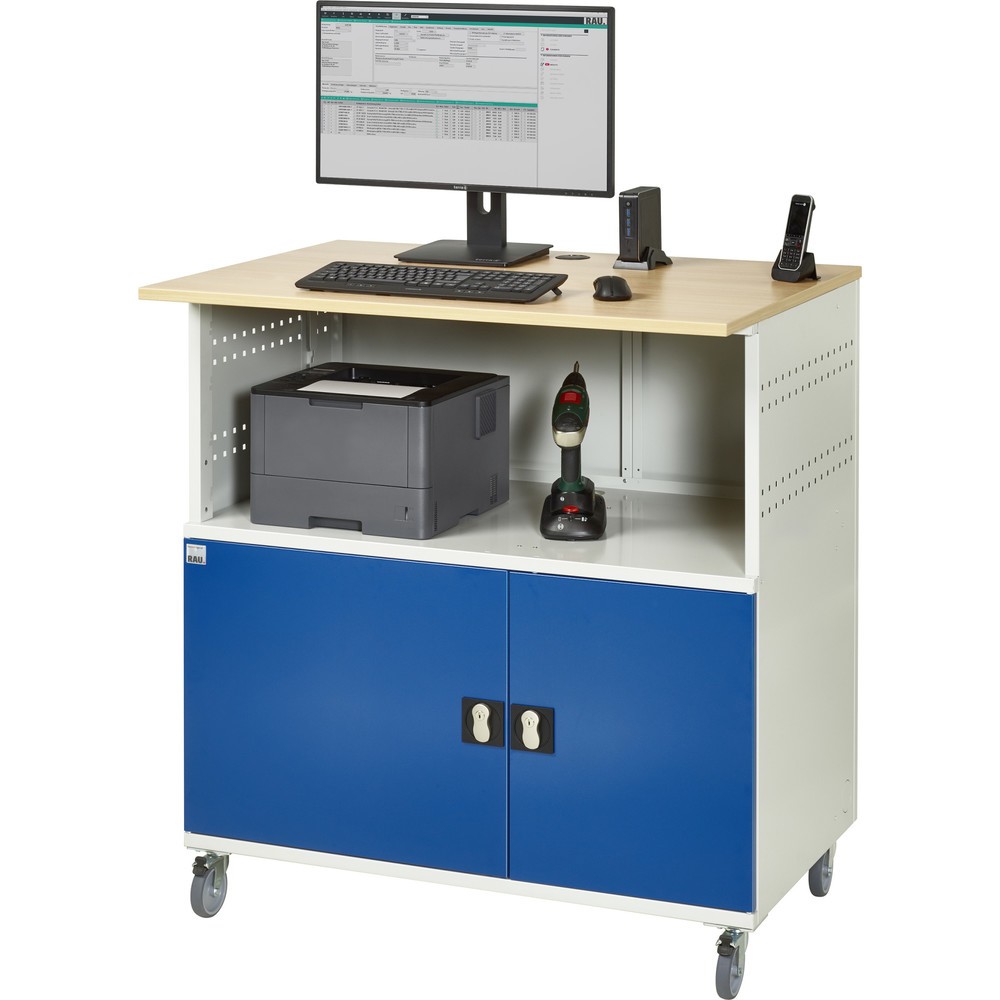Immagine del prodotto n. 6: RAU Tavolo per computer, HxLxP 1.150 x 1.100 x 800 mm, piano di lavoro in faggio decorato, con 2 ante battenti e ciabatta a presa multipla