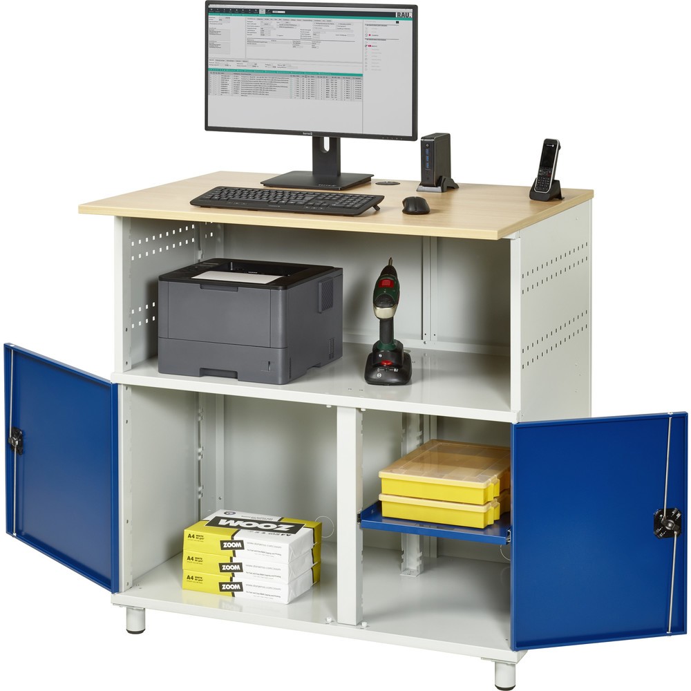 Immagine del prodotto n. 1: RAU Tavolo per computer, HxLxP 1.100 x 1.100 x 800 mm, piano di lavoro in faggio decorato, con 2 ante battenti e ciabatta a presa multipla