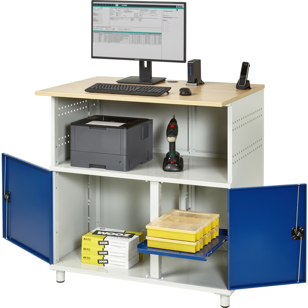 Immagine del prodotto n. 4: RAU Tavolo per computer, HxLxP 1.100 x 1.100 x 800 mm, piano di lavoro in faggio decorato, con 2 ante battenti e ciabatta a presa multipla