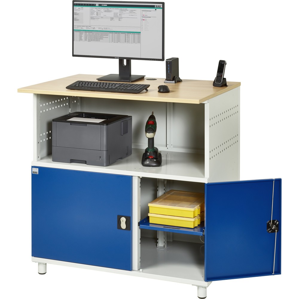 Immagine del prodotto n. 5: RAU Tavolo per computer, HxLxP 1.100 x 1.100 x 800 mm, piano di lavoro in faggio decorato, con 2 ante battenti e ciabatta a presa multipla