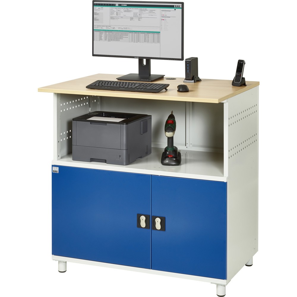 Immagine del prodotto n. 6: RAU Tavolo per computer, HxLxP 1.100 x 1.100 x 800 mm, piano di lavoro in faggio decorato, con 2 ante battenti e ciabatta a presa multipla