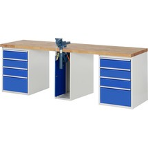 Banco da lavoro RAU serie 7000, 3 contenitori con base, 10 cassetti, morsa regolabile in altezza, altezza 890 mm