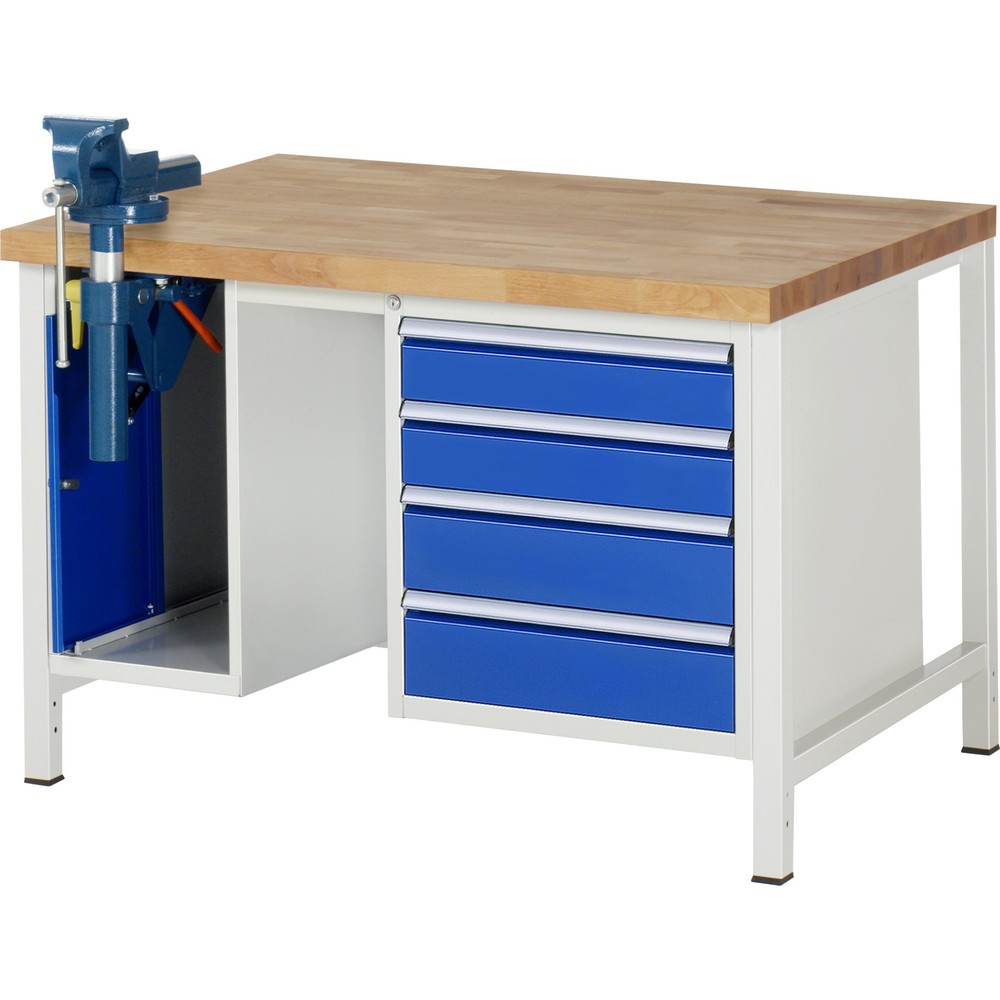 Banco da lavoro RAU serie 8000, 2 contenitori con base, 4 cassetti, morsa, altezza 840-1.040 mm