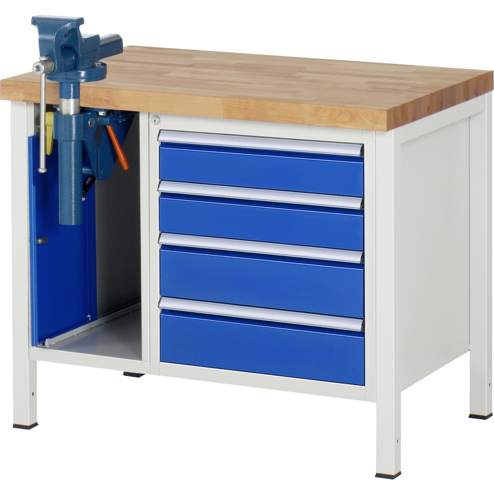 Banco da lavoro RAU serie 8000, 2 contenitori con base, 4 cassetti, morsa, altezza 840 mm