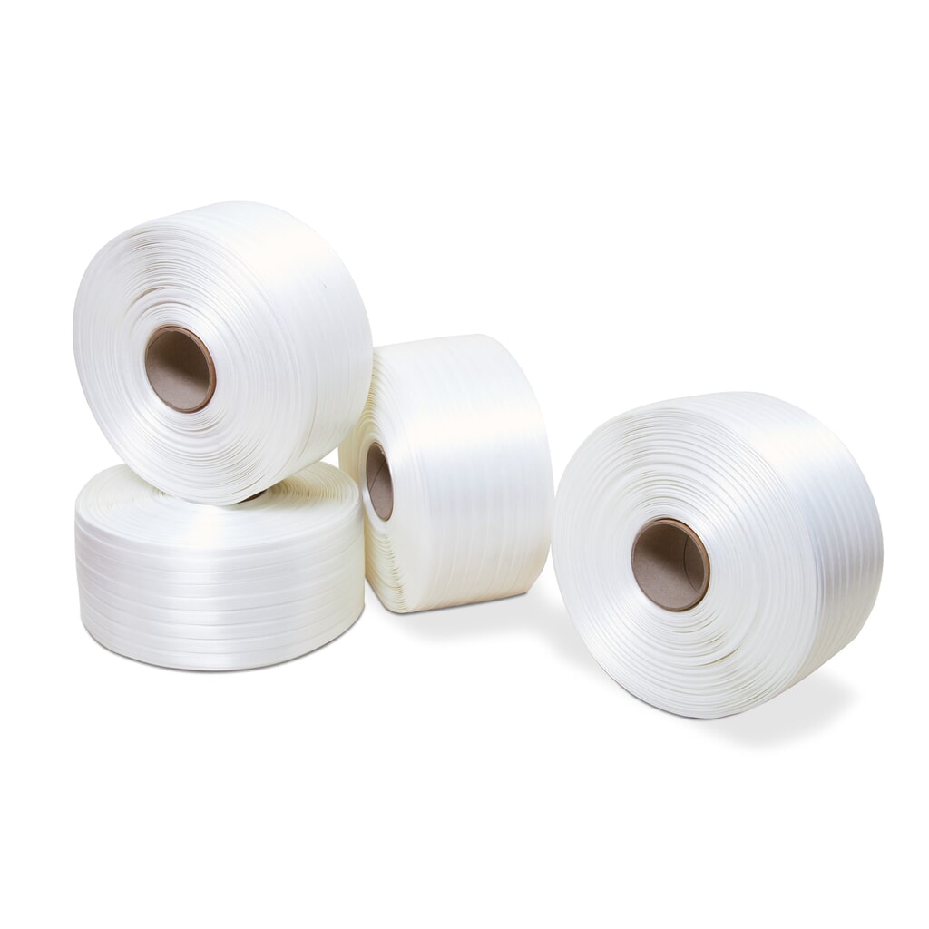 Immagine del prodotto: Reggetta in poliestere, incollata, 16 mm x 850 metri lineari, Ø nucleo 76 mm, bianco