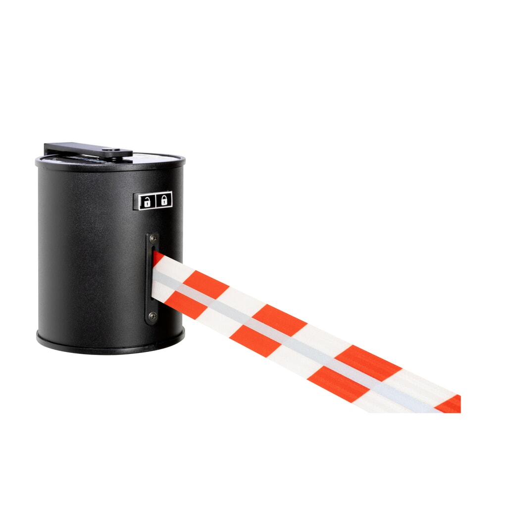 Immagine del prodotto n. 1: RS-GUIDESYSTEMS® Cassetta cinghia GLW 1800 REFLECTO, montaggio a parete, lunghezza 18 m, larghezza 50 mm, alloggiamento nero, cinghia rossa/bianca