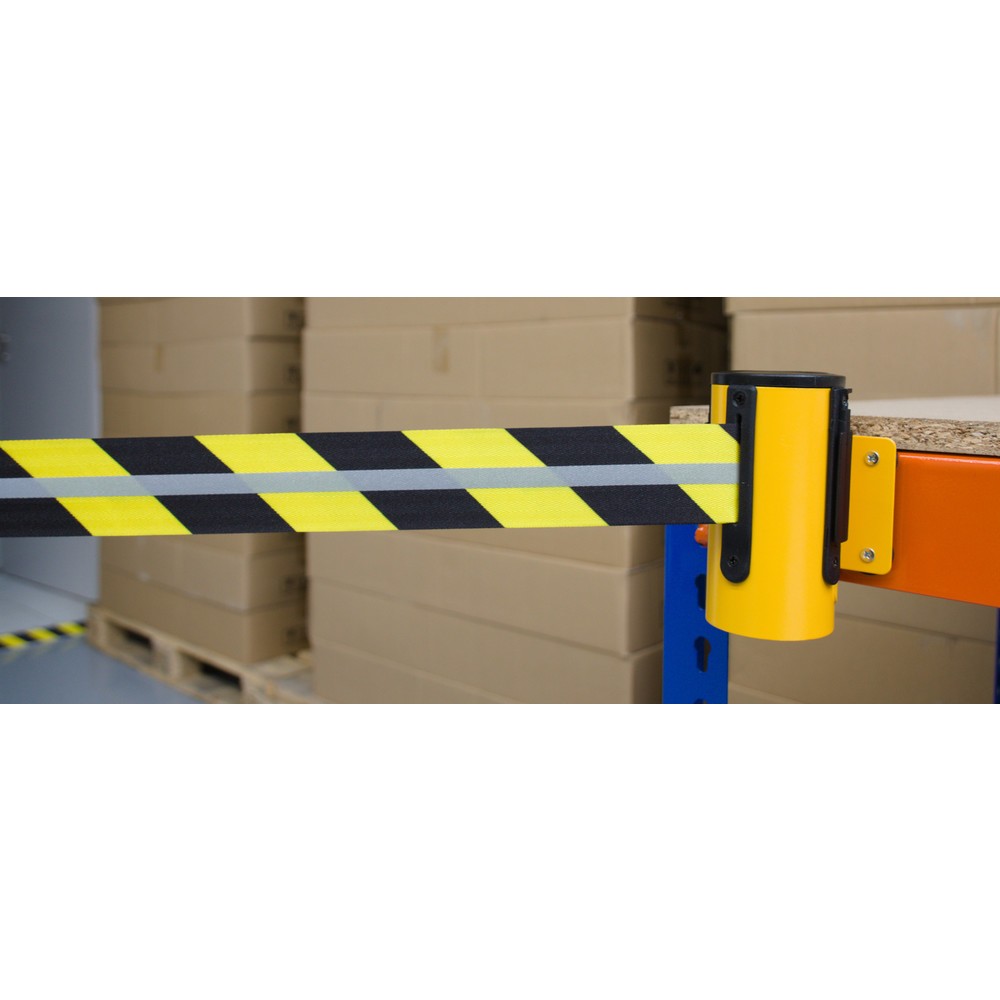 Immagine del prodotto n. 4: RS-GUIDESYSTEMS® cassetta cinghia GLW 45-E REFLECTO, montaggio a parete, lunghezza 2,3 m, larghezza 50 mm, alloggiamento giallo, cinghia nera/gialla