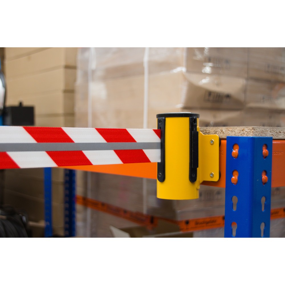 Immagine del prodotto n. 3: RS-GUIDESYSTEMS® Cassetta cinghia GLW 25-E REFLECTO, montaggio a parete, lunghezza 4 m, larghezza 50 mm, alloggiamento giallo, cinghia rossa/bianca