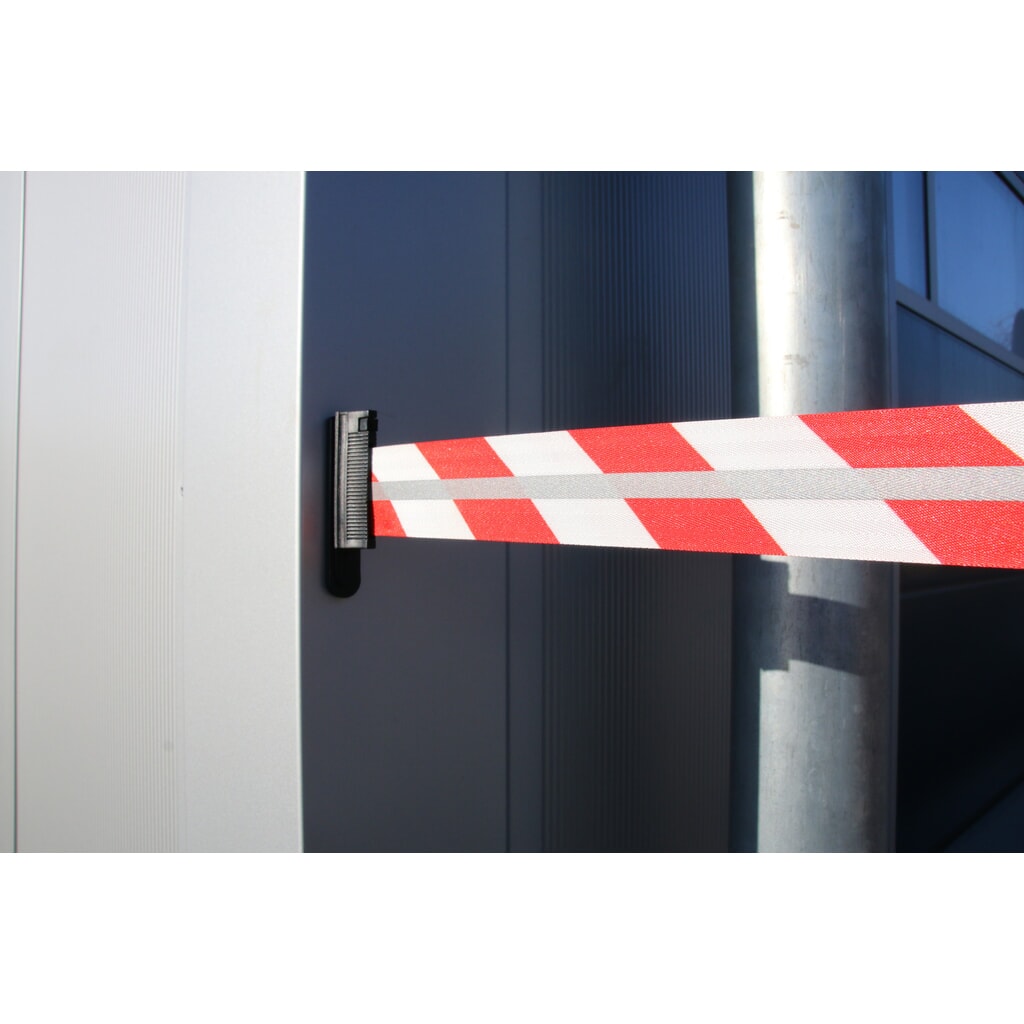 Immagine del prodotto n. 2: RS-GUIDESYSTEMS® Cassetta cinghia GLW 1800 REFLECTO, montaggio a parete, lunghezza 18 m, larghezza 50 mm, alloggiamento nero, cinghia rossa/bianca