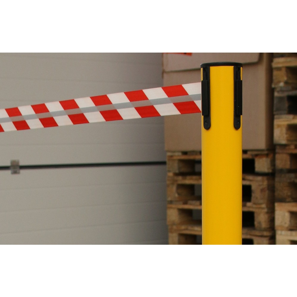 Immagine del prodotto n. 3: RS-GUIDESYSTEMS® Paletto di sbarramento con cinghia GLA 45-E REFLECTO, lunghezza 3,5 m, larghezza 50 mm, paletto giallo, cinghia rossa/bianca