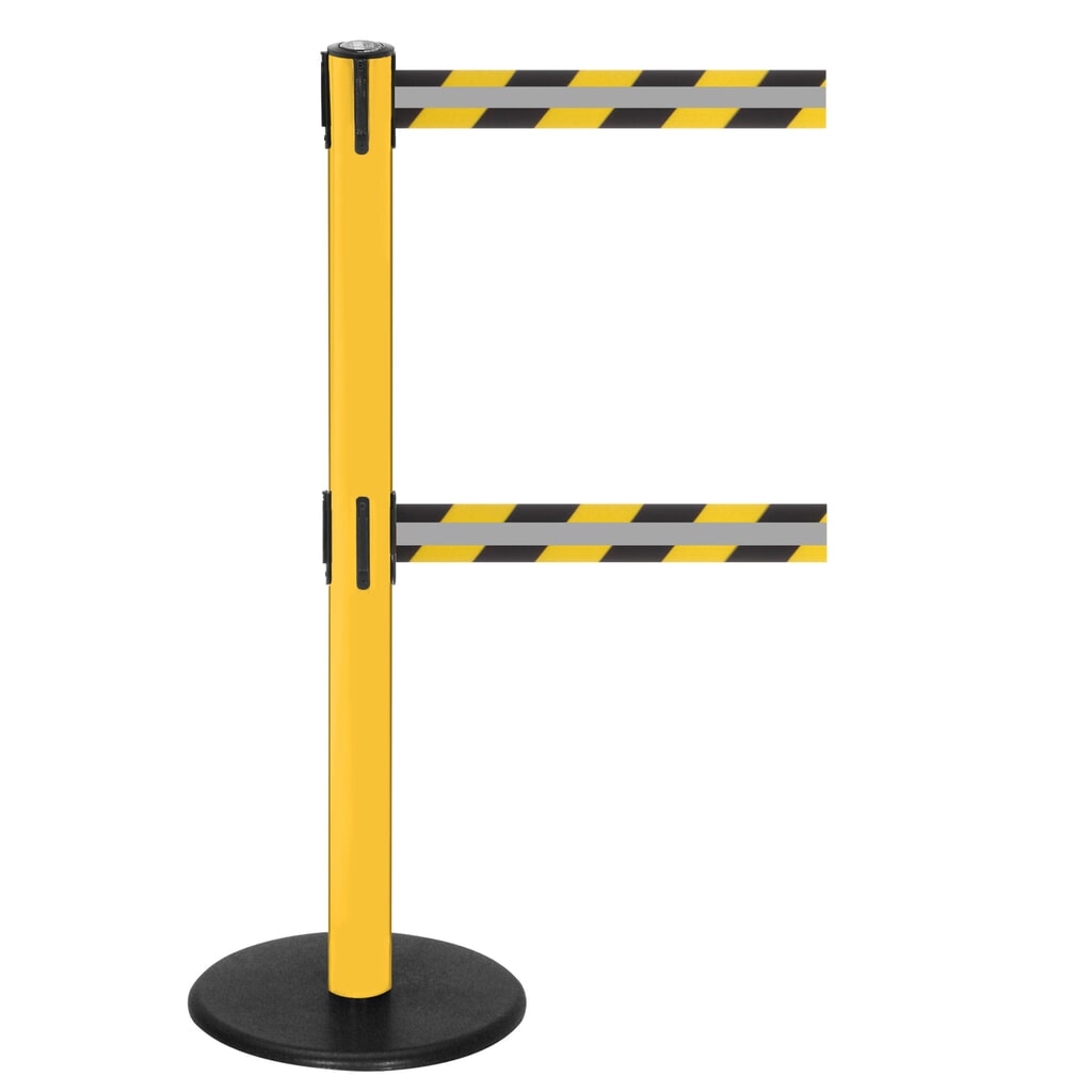 Immagine del prodotto: RS-GUIDESYSTEMS® Paletto di sbarramento con doppia cinghia GLA 95-E REFLECTO, lunghezza 3,5 m, larghezza 50 mm, paletto giallo, cinghia nera/gialla