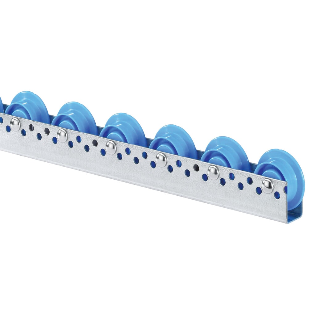Rulliera universale, rulli in plastica, con bordino, passo 100 mm, portata per rullo 10 Immagine del prodotto: Rulliera universale, rulli in plastica, con bordino, passo 100 mm, portata per rullo 10