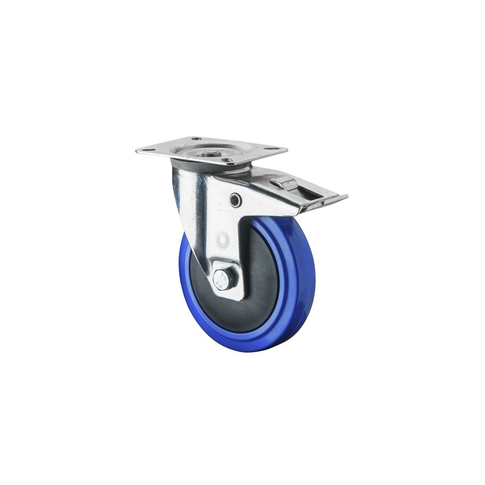 Immagine del prodotto: Rullo di trasporto in gomma elastica, blu, rullo orientabile con freno di stazionamento, cuscinetto a sfera, piastra, Ø x larghezza 80 x 32 mm, portata 120 kg