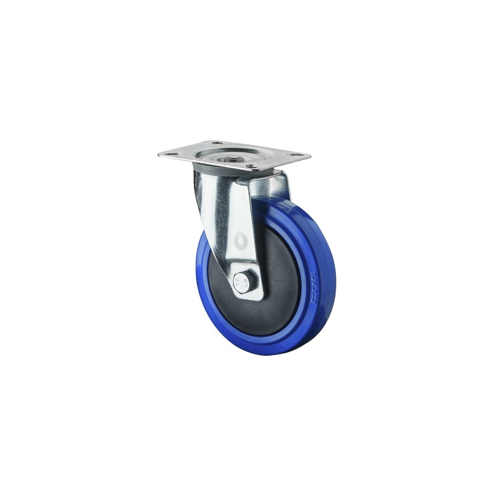 Immagine del prodotto: Rullo di trasporto in gomma elastica, blu, rullo orientabile, cuscinetto a sfera, piastra, Ø x larghezza 80 x 32 mm, portata 120 kg