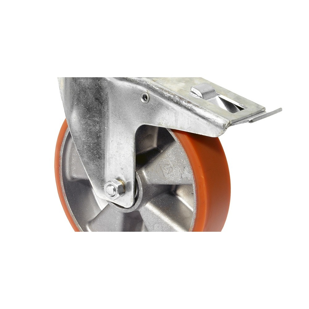 Immagine del prodotto: Rullo di trasporto Prothane® in poliuretano fuso, rullo orientabile con freno di stazionamento, cuscinetto a sfera, piastra, Ø x larghezza 80 x 20 mm, portata 120 kg