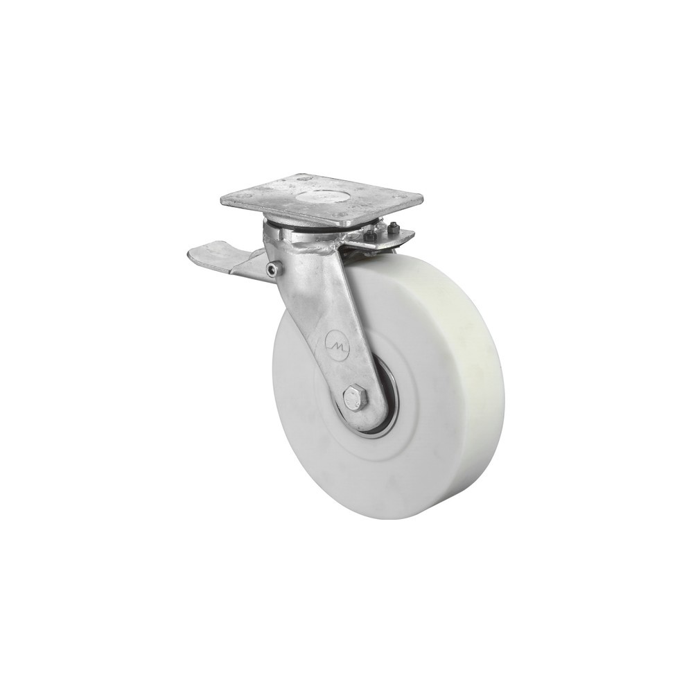 Immagine del prodotto: Rullo per carichi pesanti in poliammide, rullo orientabile con freno di stazionamento, cuscinetto a sfera, piastra, Ø x larghezza 100 x 55 mm, portata 900 kg