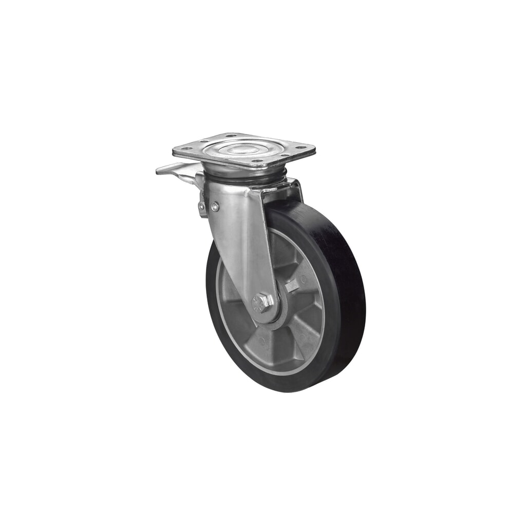 Rullo per carichi pesanti in poliuretano fuso, rullo orientabile con freno di stazionamento, cuscinetto a sfera, piastra, Ø x larghezza 160 x 50 mm, portata 500 kg
