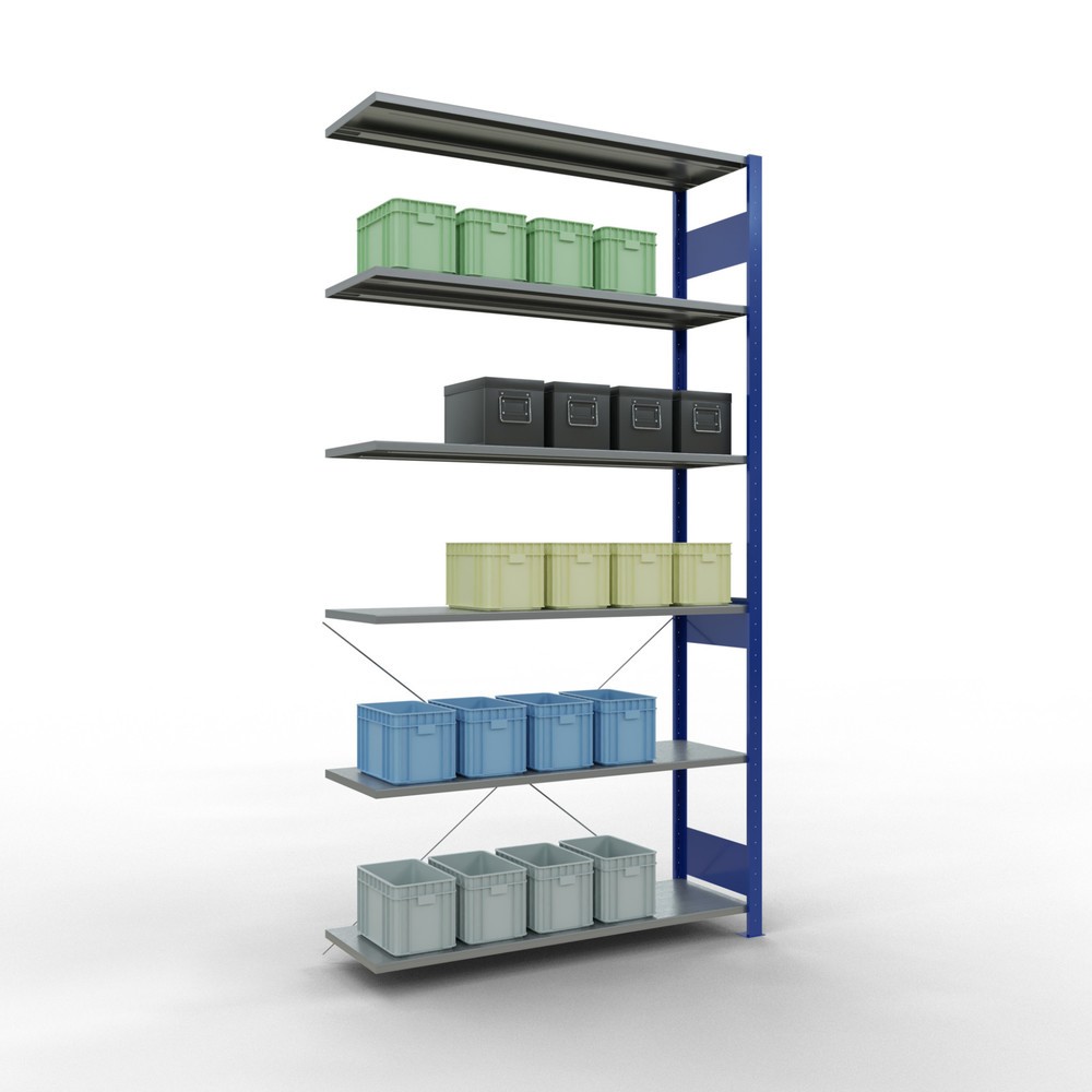 Immagine del prodotto n. 3: Scaffalatura a ripiani SCHULTE, sistema a incastro, campata aggiuntiva, portata per piano 150 kg, blu genziana/zincata, HxLxP 2.500 x 1.300 x 400 mm