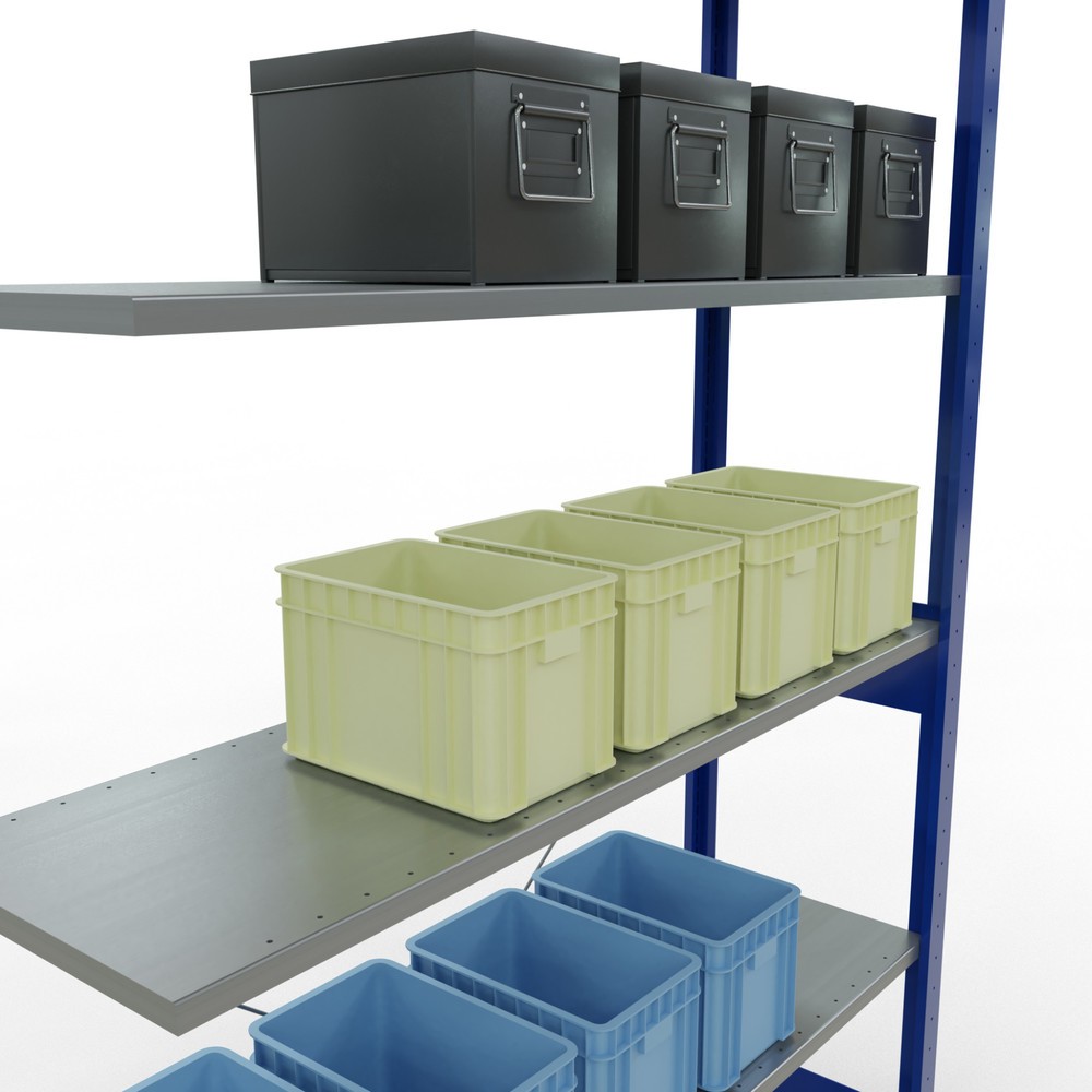 Immagine del prodotto n. 4: Scaffalatura a ripiani SCHULTE, sistema a incastro, campata aggiuntiva, portata per piano 150 kg, blu genziana/zincata, HxLxP 2.500 x 1.300 x 400 mm