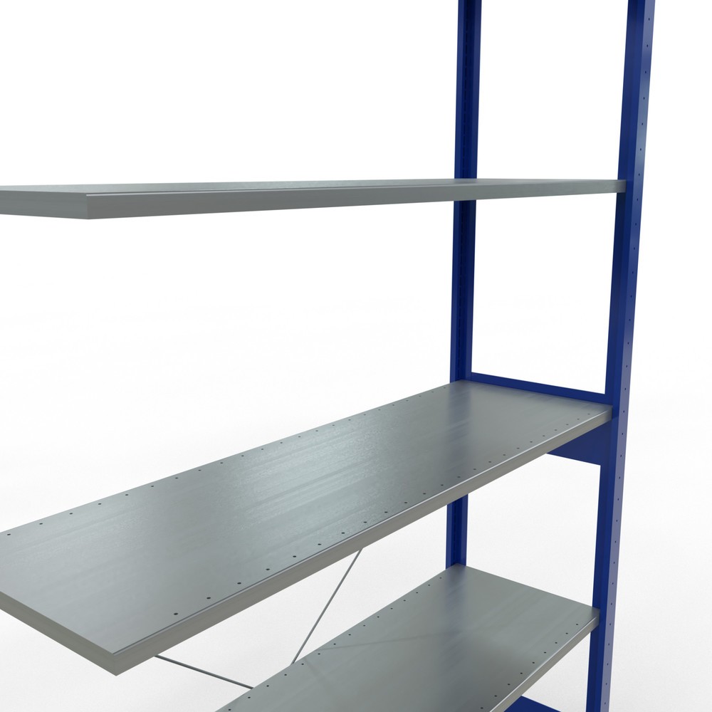 Immagine del prodotto n. 5: Scaffalatura a ripiani SCHULTE, sistema a incastro, campata aggiuntiva, portata per piano 150 kg, blu genziana/zincata, HxLxP 2.500 x 1.300 x 400 mm