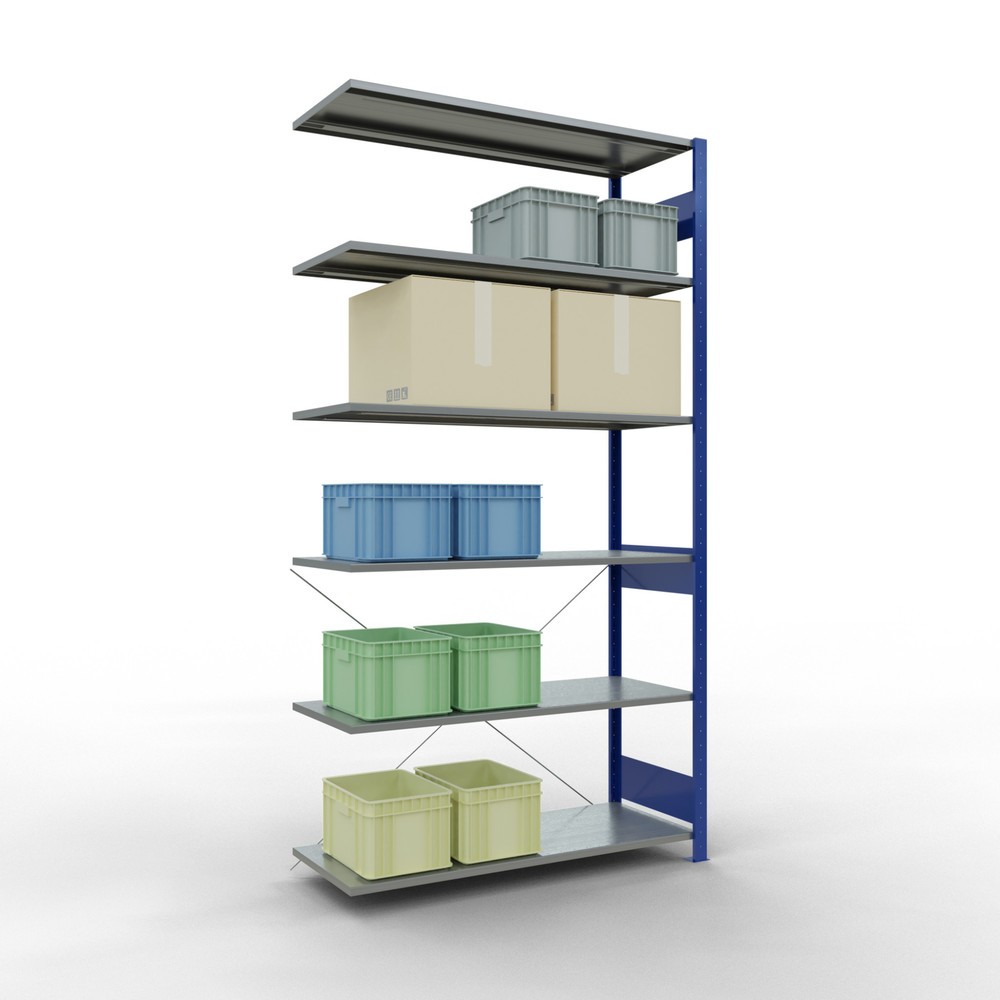 Immagine del prodotto n. 3: Scaffalatura a ripiani SCHULTE, sistema a incastro, campata aggiuntiva, portata per piano 150 kg, blu genziana/zincata, HxLxP 2.500 x 1.300 x 500 mm