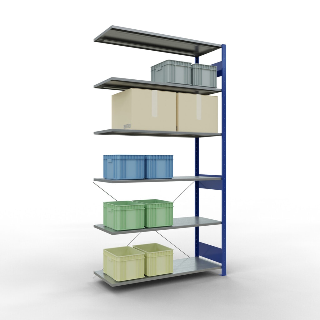 Immagine del prodotto n. 3: Scaffalatura a ripiani SCHULTE, campata aggiuntiva, blu genziana/zincata, portata per piano 150 kg, HxLxP 2.500 x 1.300 x 500 mm