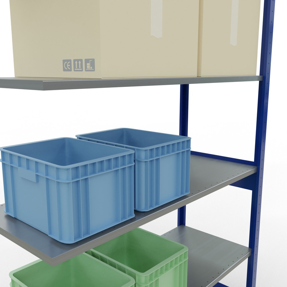 Immagine del prodotto n. 4: Scaffalatura a ripiani SCHULTE, sistema a incastro, campata aggiuntiva, portata per piano 150 kg, blu genziana/zincata, HxLxP 2.500 x 1.300 x 500 mm