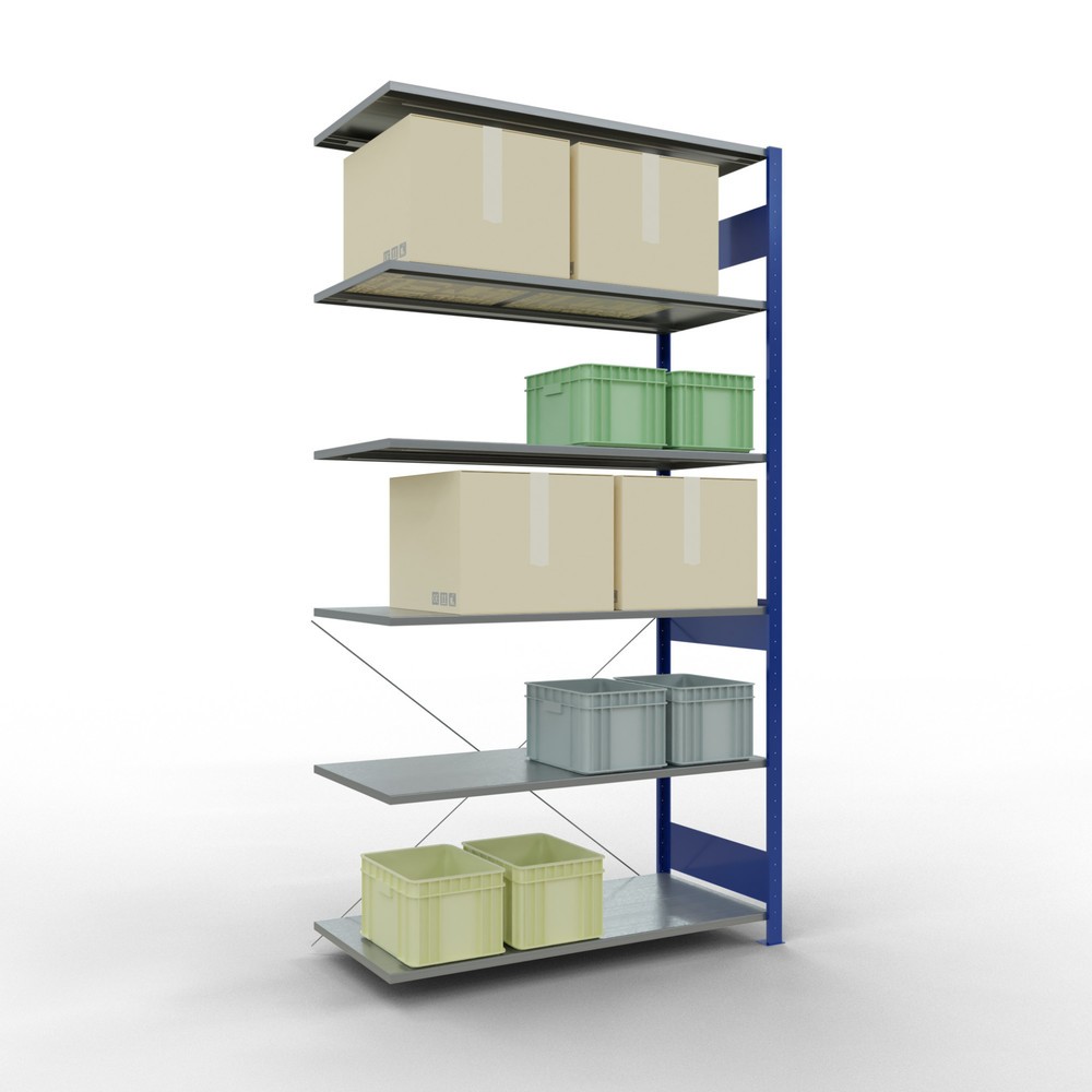 Immagine del prodotto n. 3: Scaffalatura a ripiani SCHULTE, campata aggiuntiva, blu genziana/zincata, portata per piano 150 kg, AxLxP 2.500 x 1.300 x 600 mm
