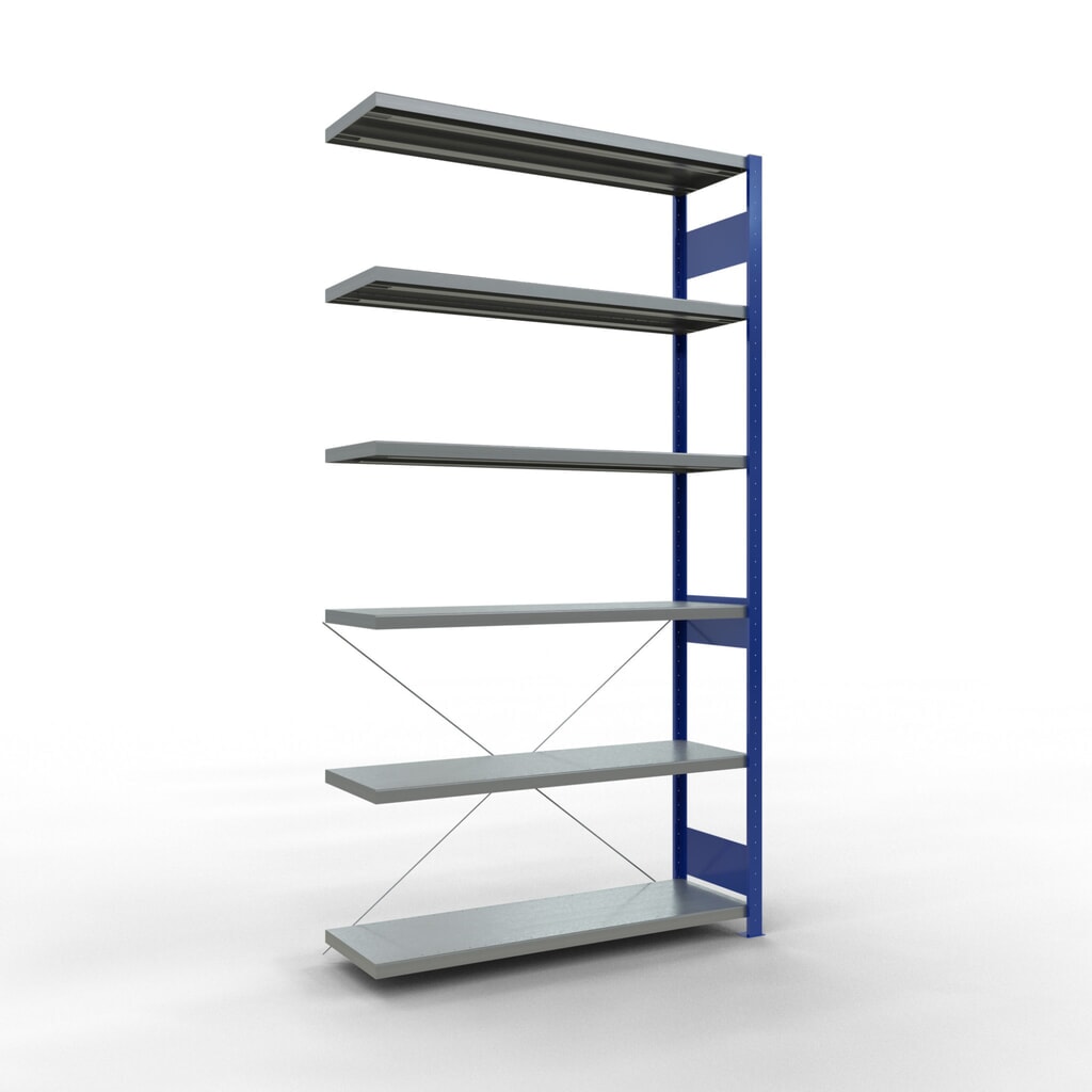 Immagine del prodotto: Scaffalatura a ripiani SCHULTE, campata aggiuntiva, blu genziana/zincata, portata per piano 250 kg, HxLxP 2.500 x 1.300 x 400 mm