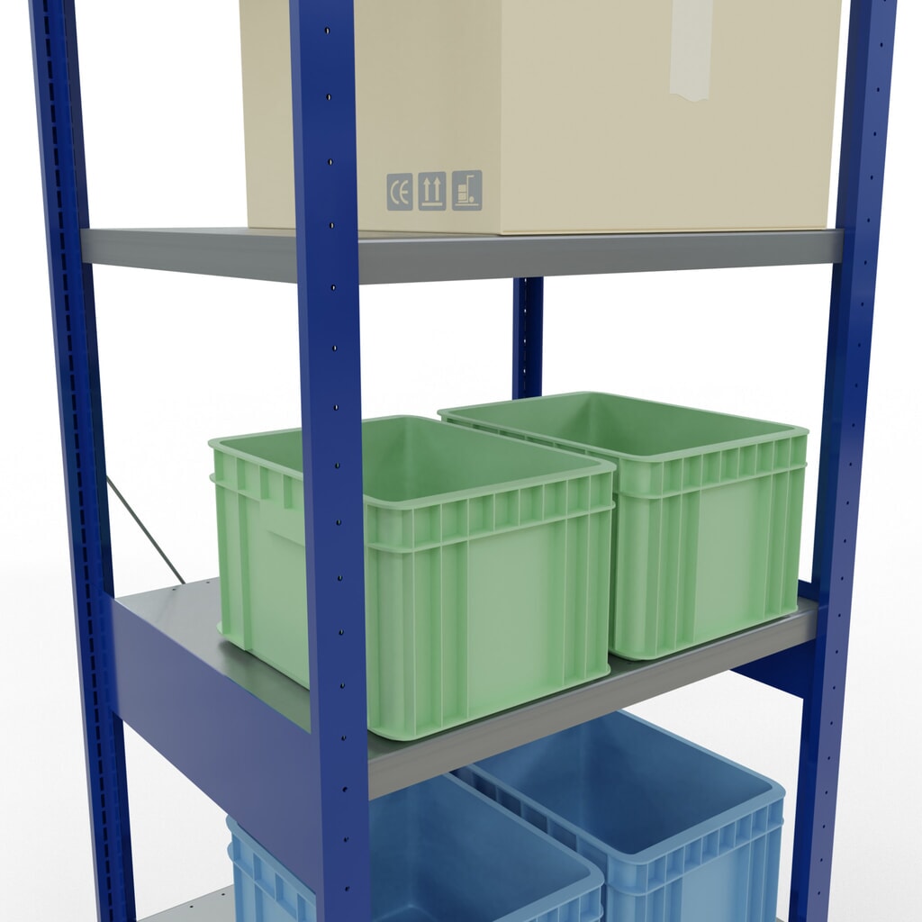 Scaffalatura a ripiani SCHULTE, blu genziana/zincato, portata per piano di 250 kg, AxLxP 2.500 x 810 x 636 mm Immagine del prodotto n. 4: Scaffalatura a ripiani SCHULTE, blu genziana/zincato, portata per piano di 250 kg, AxLxP 2.500 x 810 x 636 mm