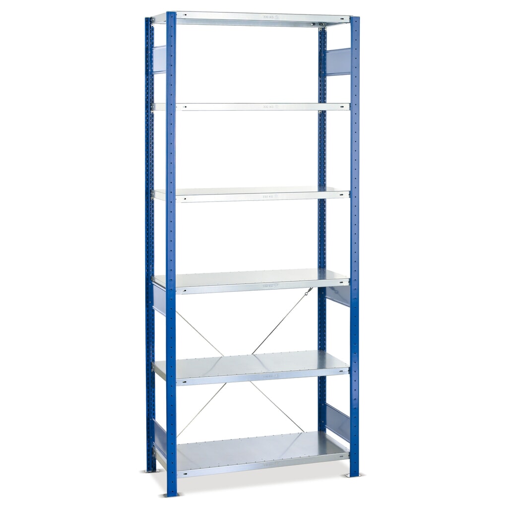 Scaffalatura a ripiani SCHULTE, blu genziana/zincato con 6 fondi in lamiera d'acciaio, portata per piano di 250 kg, AxLxP 2.000 x 810 x 436 mm Immagine del prodotto: Scaffalatura a ripiani SCHULTE, blu genziana/zincato con 6 fondi in lamiera d'acciaio, portata per piano di 250 kg, AxLxP 2.000 x 810 x 436 mm