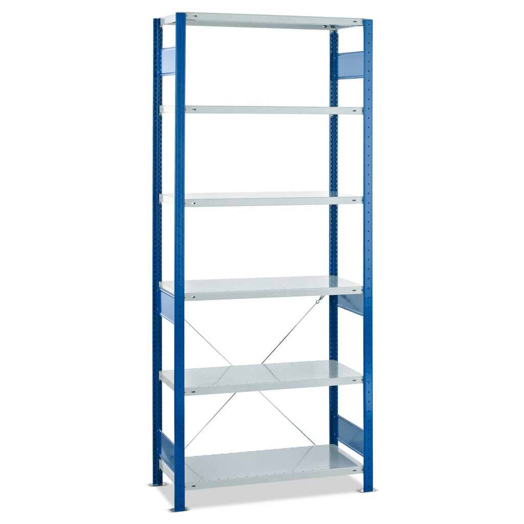 Scaffalatura a ripiani SCHULTE, campata base, portata per piano 150 kg, blu genziana/grigio chiaro, AxLxP 2.000 x 750 x 500 mm Immagine del prodotto n. 1: Scaffalatura a ripiani SCHULTE, campata base, portata per piano 150 kg, blu genziana/grigio chiaro, AxLxP 2.000 x 750 x 500 mm