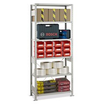 Scaffalatura a ripiani SCHULTE, campata base, portata per piano 250 kg, grigio chiaro