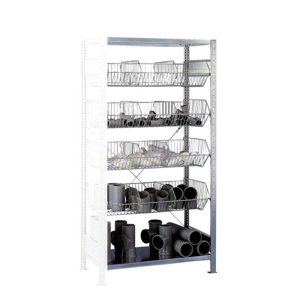 Scaffalatura a ripiani SCHULTE con cesti a maglia grossa, campata aggiuntiva, AxLxP 2.000 x 1.000 x 500 mm, portata per piano 150 kg Immagine del prodotto: Scaffalatura a ripiani SCHULTE con cesti a maglia grossa, campata aggiuntiva, AxLxP 2.000 x 1.000 x 500 mm, portata per piano 150 kg