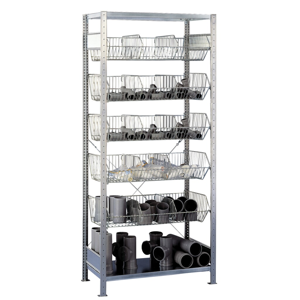 Scaffalatura a ripiani SCHULTE con cesti a maglia grossa, campata base, AxLxP 2.300 x 1.000 x 500 mm, portata per piano 150 kg Immagine del prodotto: Scaffalatura a ripiani SCHULTE con cesti a maglia grossa, campata base, AxLxP 2.300 x 1.000 x 500 mm, portata per piano 150 kg