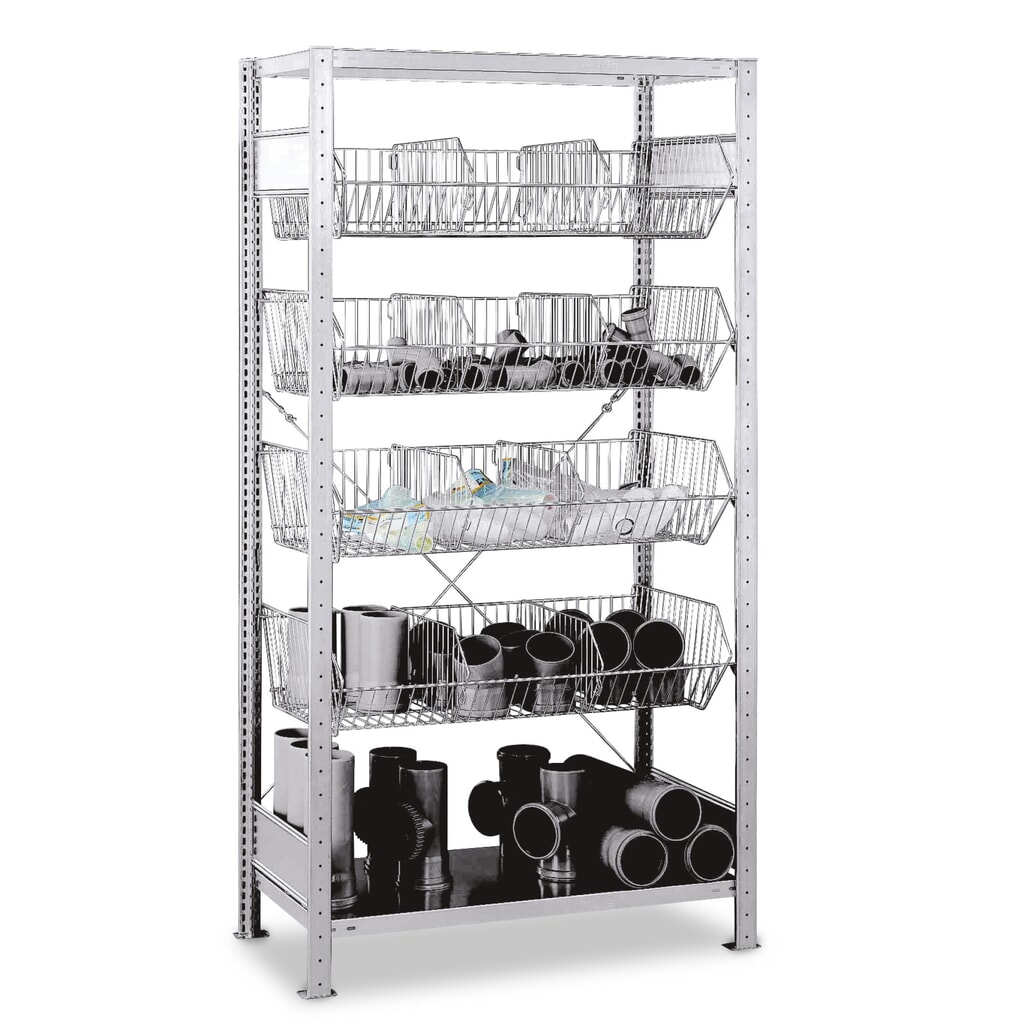 Scaffalatura a ripiani SCHULTE con cesti a maglia grossa, campata base, AxLxP 2.000 x 1.000 x 500 mm, portata per piano 150 kg Immagine del prodotto: Scaffalatura a ripiani SCHULTE con cesti a maglia grossa, campata base, AxLxP 2.000 x 1.000 x 500 mm, portata per piano 150 kg