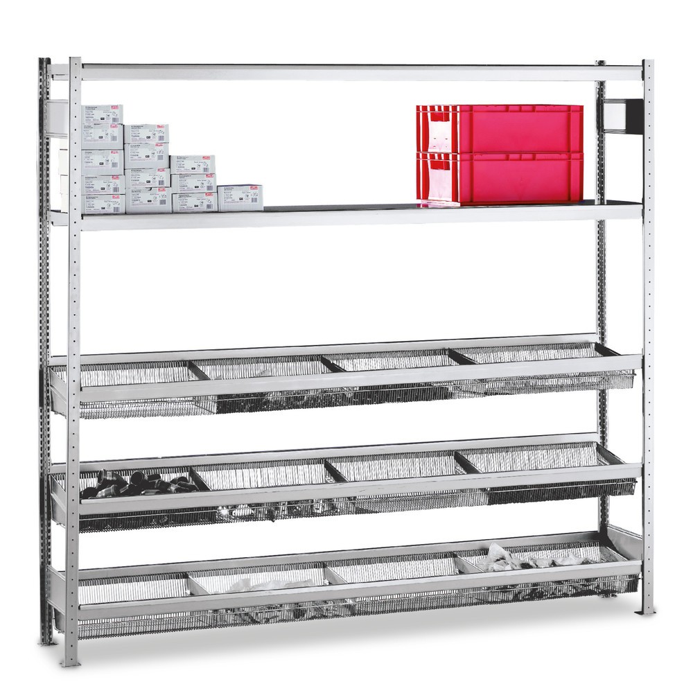 Immagine del prodotto: Scaffalatura a ripiani SCHULTE con cesti a maglia fitta, campata aggiuntiva, AxLxP 2.500 x 1.500 x 400 mm, portata per piano 400 kg