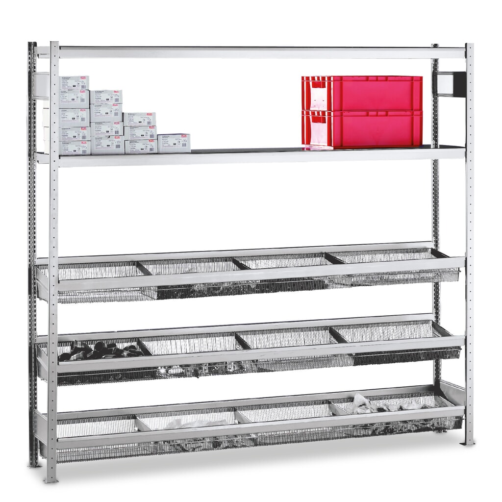 Scaffalatura a ripiani SCHULTE con cesti a maglia fitta, campata aggiuntiva, AxLxP 2.500 x 1.500 x 400 mm, portata per piano 400 kg Immagine del prodotto: Scaffalatura a ripiani SCHULTE con cesti a maglia fitta, campata aggiuntiva, AxLxP 2.500 x 1.500 x 400 mm, portata per piano 400 kg