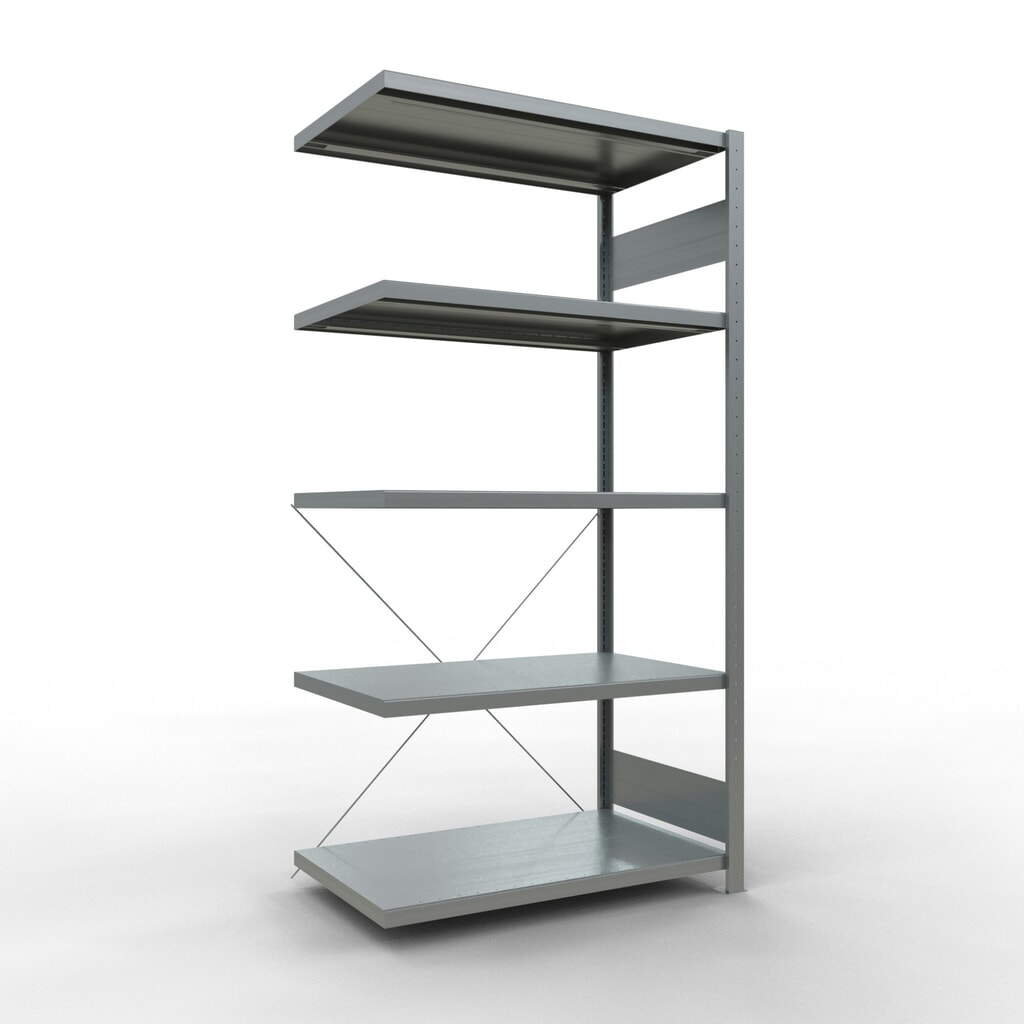 Immagine del prodotto: Scaffalatura a ripiani SCHULTE, montaggio a incastro, campata aggiuntiva, portata per piano 330 kg, zincata, AxLxP 2.000 x 1.000 x 600 mm