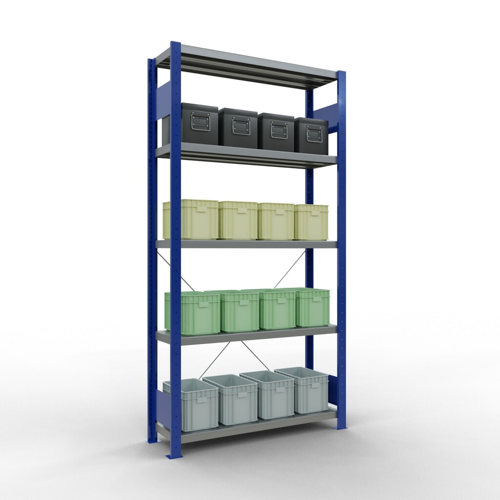 Scaffalatura a ripiani SCHULTE, blu genziana/zincato con 5 fondi in lamiera d'acciaio, portata per piano di 330 kg, AxLxP 2.000 x 1.060 x 336 mm Immagine del prodotto n. 3: Scaffalatura a ripiani SCHULTE, blu genziana/zincato con 5 fondi in lamiera d'acciaio, portata per piano di 330 kg, AxLxP 2.000 x 1.060 x 336 mm