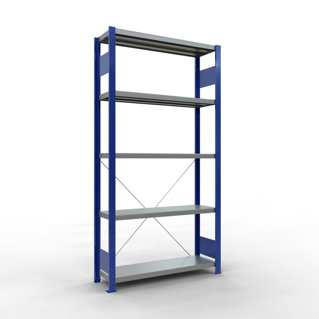 Immagine del prodotto: Scaffalatura a ripiani SCHULTE, blu genziana/zincato con 5 fondi in lamiera d'acciaio, portata per piano di 330 kg, AxLxP 2.000 x 1.060 x 336 mm
