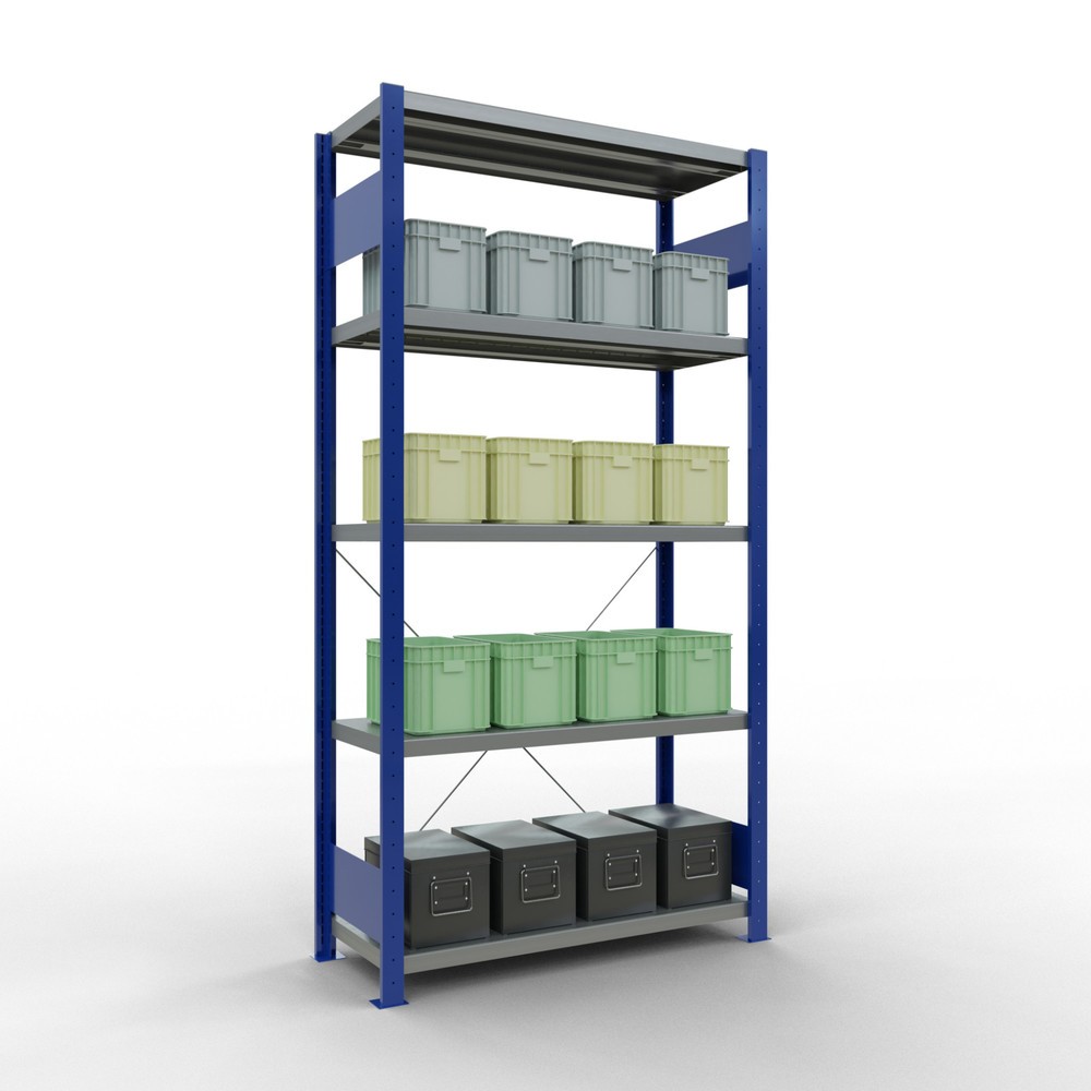 Immagine del prodotto n. 3: Scaffalatura a ripiani SCHULTE, blu genziana/zincato con 5 fondi in lamiera d'acciaio, portata per piano di 330 kg, AxLxP 2.000 x 1.060 x 436 mm